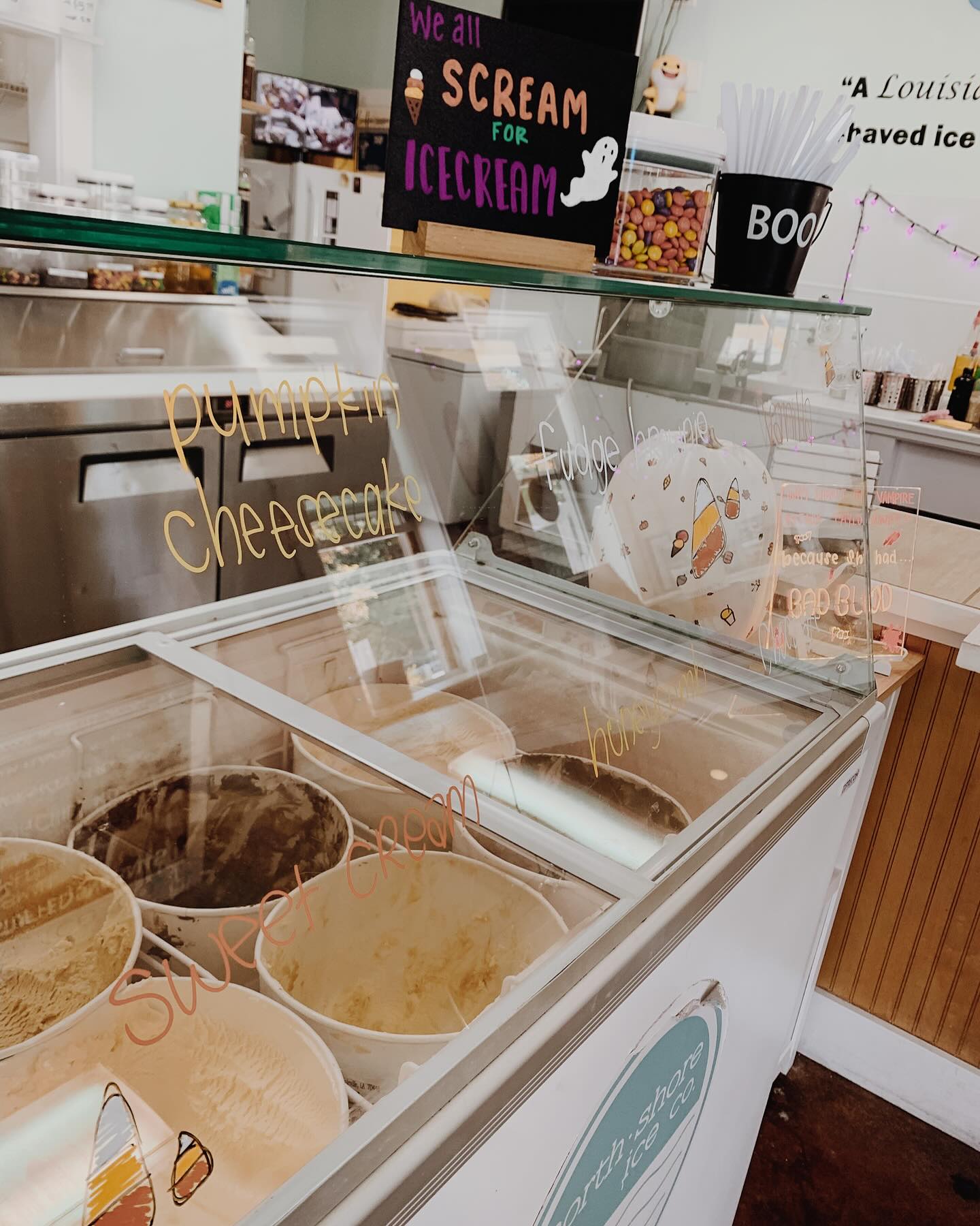 Homemade ice cream display at North Shore Ice Co. in Mandeville LA featuring pumpkin cheesecake, fudge brownie, and sweet cream flavors
